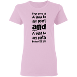 Bible Verse Ladies' 5.3 oz. T-Shirt - "Psalm 119:105" Design 6 (Black Font) - Meditate Healing Christian Store