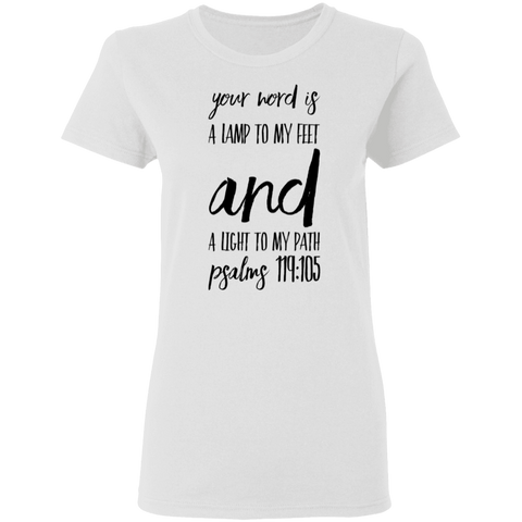 Bible Verse Ladies' 5.3 oz. T-Shirt - "Psalm 119:105" Design 9 (Black Font) - Meditate Healing Christian Store