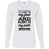 Bible Verse Ladies' Cotton Long Sleeve T-Shirt - "Psalm 119:105" Design 15 (Black Font) - Meditate Healing Christian Store