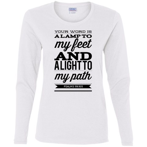 Bible Verse Ladies' Cotton Long Sleeve T-Shirt - "Psalm 119:105" Design 15 (Black Font) - Meditate Healing Christian Store