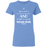Bible Verse Ladies' 5.3 oz. T-Shirt - "Psalm 119:105" Design 5 (White Font) - Meditate Healing Christian Store