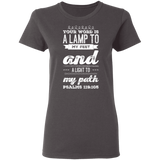 Bible Verse Ladies' 5.3 oz. T-Shirt - "Psalm 119:105" Design 17 (White Font) - Meditate Healing Christian Store