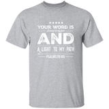 Bible Verse Men 5.3 oz. T-Shirt - "Psalm 119:105" Design 16 (White Font) - Meditate Healing Christian Store