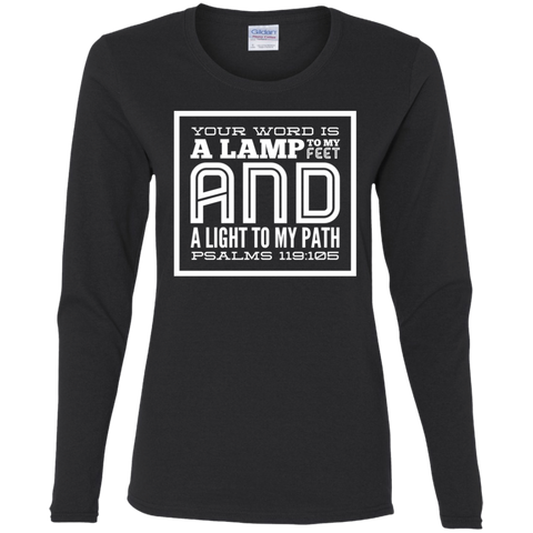 Bible Verse Ladies' Cotton Long Sleeve T-Shirt - "Psalm 119:105" Design 12 (White Font) - Meditate Healing Christian Store