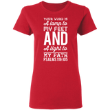 Bible Verse Ladies' 5.3 oz. T-Shirt - "Psalm 119:105" Design 3 (White Font) - Meditate Healing Christian Store