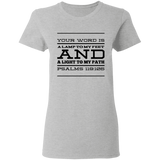 Bible Verse Ladies' 5.3 oz. T-Shirt - "Psalm 119:105" Design 11 (Black Font) - Meditate Healing Christian Store