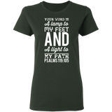 Bible Verse Ladies' 5.3 oz. T-Shirt - "Psalm 119:105" Design 3 (White Font) - Meditate Healing Christian Store