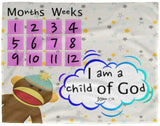 Cozy Plush Baby Milestone Blanket - I Am A Child Of God ~John 1:12~ (Design: Monkey)