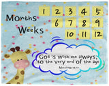 Cozy Plush Baby Milestone Blanket - God Is With Me Always ~Matthew 28:20~ (Design: Giraffe 2)