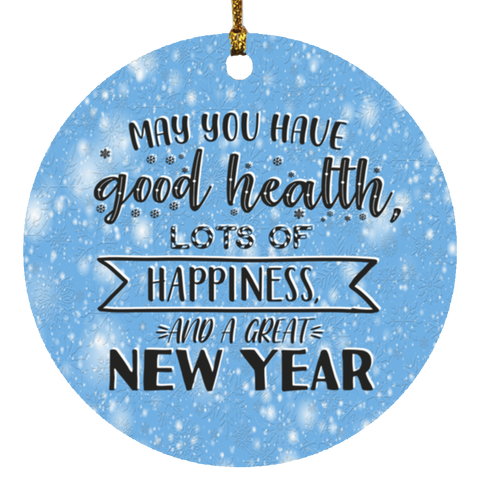 Durable MDF High-Gloss Christmas Ornament: May You Have Good Health, Lots Of Happiness And A Great New Year (Design: Round-Blue)