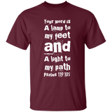 Bible Verse Men 5.3 oz. T-Shirt - "Psalm 119:105" Design 6 (White Font) - Meditate Healing Christian Store