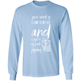 Bible Verse Long Shirt Ultra Cotton T-Shirt - "Psalm 119:105" Design 18 (White Font) - Meditate Healing Christian Store