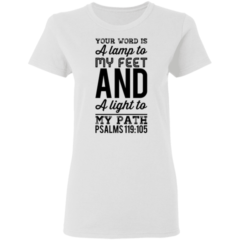 Bible Verse Ladies' 5.3 oz. T-Shirt - "Psalm 119:105" Design 3 (Black Font) - Meditate Healing Christian Store