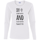 Bible Verse Ladies' Cotton Long Sleeve T-Shirt - "Psalm 119:105" Design 19 (Black Font) - Meditate Healing Christian Store