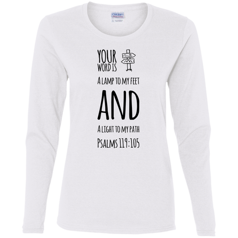 Bible Verse Ladies' Cotton Long Sleeve T-Shirt - "Psalm 119:105" Design 19 (Black Font) - Meditate Healing Christian Store