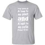 Bible Verse Men 5.3 oz. T-Shirt - "Psalm 119:105" Design 6 (White Font) - Meditate Healing Christian Store