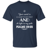 Bible Verse Men 5.3 oz. T-Shirt - "Psalm 119:105" Design 5 (White Font) - Meditate Healing Christian Store