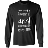 Bible Verse Long Shirt Ultra Cotton T-Shirt - "Psalm 119:105" Design 9 (White Font) - Meditate Healing Christian Store