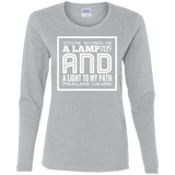 Bible Verse Ladies' Cotton Long Sleeve T-Shirt - "Psalm 119:105" Design 12 (White Font) - Meditate Healing Christian Store