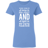 Bible Verse Ladies' 5.3 oz. T-Shirt - "Psalm 119:105" Design 3 (White Font) - Meditate Healing Christian Store