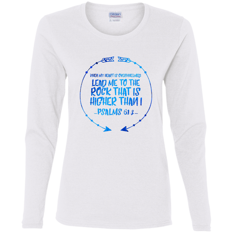 Bible Verse Ladies' Cotton Long Sleeve T-Shirt - "Psalm 61-2" Design 8 - Meditate Healing Christian Store