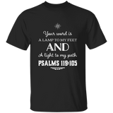 Bible Verse Men 5.3 oz. T-Shirt - "Psalm 119:105" Design 5 (White Font) - Meditate Healing Christian Store