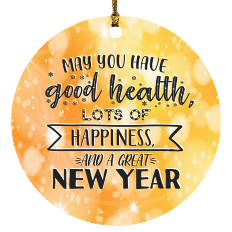 Durable MDF High-Gloss Christmas Ornament: May You Have Good Health, Lots Of Happiness And A Great New Year (Design: Round-Orange)