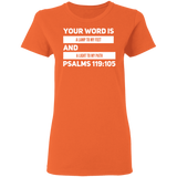 Bible Verse Ladies' 5.3 oz. T-Shirt - "Psalm 119:105" Design 21 (White Font) - Meditate Healing Christian Store