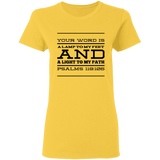 Bible Verse Ladies' 5.3 oz. T-Shirt - "Psalm 119:105" Design 11 (Black Font) - Meditate Healing Christian Store