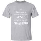 Bible Verse Men 5.3 oz. T-Shirt - "Psalm 119:105" Design 5 (White Font) - Meditate Healing Christian Store