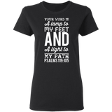 Bible Verse Ladies' 5.3 oz. T-Shirt - "Psalm 119:105" Design 3 (White Font) - Meditate Healing Christian Store