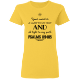 Bible Verse Ladies' 5.3 oz. T-Shirt - "Psalm 119:105" Design 5 (Black Font) - Meditate Healing Christian Store