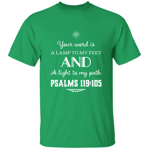 Bible Verse Men 5.3 oz. T-Shirt - "Psalm 119:105" Design 5 (White Font) - Meditate Healing Christian Store