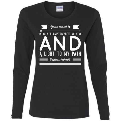 Bible Verse Ladies' Cotton Long Sleeve T-Shirt - "Psalm 119:105" Design 14 (White Font) - Meditate Healing Christian Store