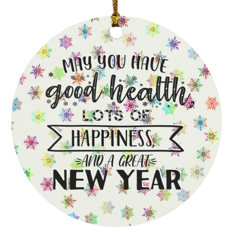 Durable MDF High-Gloss Christmas Ornament: May You Have Good Health, Lots Of Happiness And A Great New Year (Design: Round-Rainbow Snowflake)