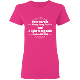 Bible Verse Ladies' 5.3 oz. T-Shirt - "Psalm 119:105" Design 1 (White Font) - Meditate Healing Christian Store