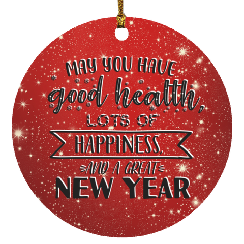 Durable MDF High-Gloss Christmas Ornament: May You Have Good Health, Lots Of Happiness And A Great New Year (Design: Round-Red)