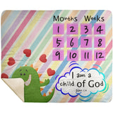 Cozy Plush Baby Milestone Blanket - I Am A Child Of God ~John 1:12~ (Design: Dinosaur)