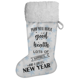 Fluffy Sherpa Lined Christmas Stocking - May You Have Good Health, Lots Of Happiness And A Great New Year (Design: Blue Snowflake)