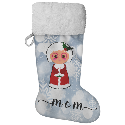 Personalised Name Fluffy Sherpa Lined Christmas Stocking - Mrs Claus (Design: White Snowflake)