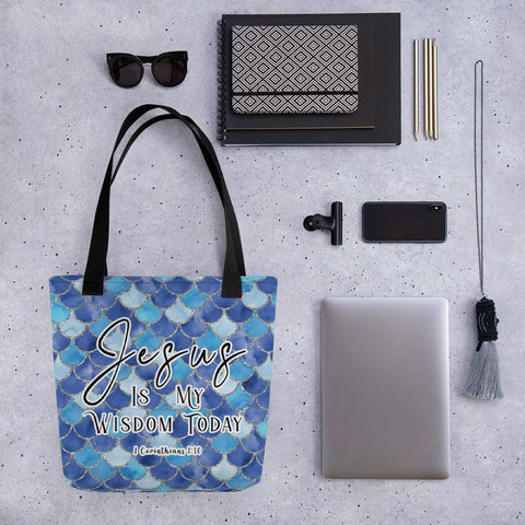 Limited Edition Premium Tote Bag - Jesus Is My Wisdom Today (Design: Mermaid Scales Blue)