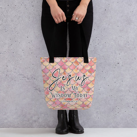Limited Edition Premium Tote Bag - Jesus Is My Wisdom Today (Design: Mermaid Scales Pink)