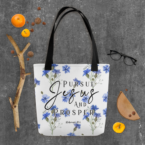 Limited Edition Premium Tote Bag - Pursue Jesus And Prosper (Design: Blue Floral)
