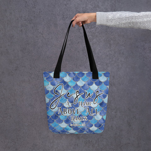 Limited Edition Premium Tote Bag - Jesus A Name Above All Names (Design: Mermaid Scales Blue)