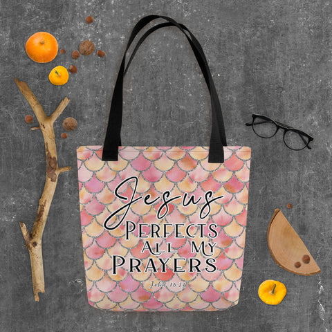 Limited Edition Premium Tote Bag - Jesus Perfects All My Prayers (Design: Mermaid Scales Pink)