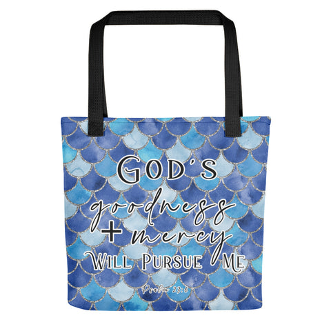 Limited Edition Premium Tote Bag - God's Goodness + Mercy Will Pursue Me (Design: Mermaid Scales Blue)