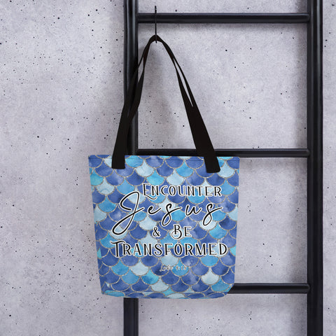 Limited Edition Premium Tote Bag - Encounter Jesus & Be Transformed (Design: Mermaid Scales Blue)