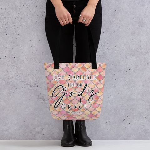 Limited Edition Premium Tote Bag - Live Carefree Under God's Grace (Design: Mermaid Scales Pink)