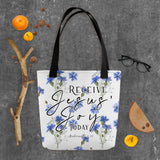 Limited Edition Premium Tote Bag - Receive Jesus' Joy Today (Design: Blue Floral)