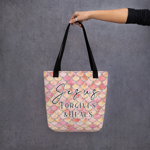 Limited Edition Premium Tote Bag - Jesus Forgives & Heals (Design: Mermaid Scales Pink)